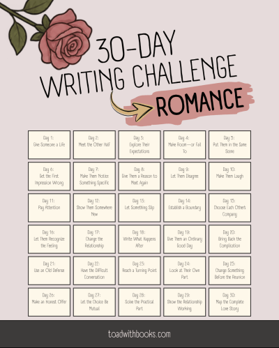 Image of a '30-Day Writing Challenge' for romance, featuring a floral design and numbered prompts for each day. Prompts include various themes like giving someone a life, meeting the other half, and sharing a laugh.